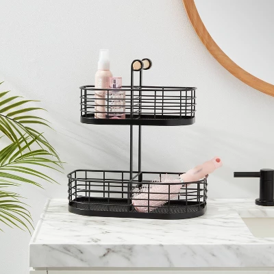 2 Tier Divided Wire Basket With Wood Handle Black - Brightroom™ 3 2 Tier Divided Wire Basket With Wood Handle Black - Brightroom™