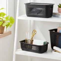Narrow Small Decorative Plastic Bin Black - Brightroom™: Modern Rectangle, 3.2 Volume, Cut-Out Handles