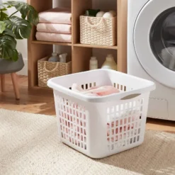 Brightroom 48 1.5bu Plastic Square Laundry Basket - Brightroomâ„¢: Medium White Clothes Hamper With Built-In Handles, Portable Storage