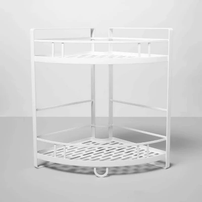 Punched Metal 2-Tier Corner Shelf White - Brightroom™: Kitchen Storage Organizer, Iron Under Sink Shelf 5 Punched Metal 2-Tier Corner Shelf White - Brightroom™: Kitchen Storage Organizer, Iron Under Sink Shelf - Image 3