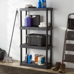 4 Tier Plastic Shelf Unit Black - Brightroomâ„¢: Utility Storage Shelves, 55.8" Height, 70 Lbs Capacity, Freestanding