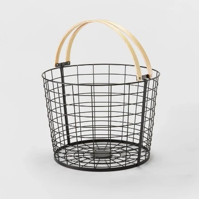Round Black Wire With Natural Wood Handles Floor Basket - Brightroom™ 6 Round Black Wire With Natural Wood Handles Floor Basket - Brightroom™ - Image 4