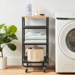 Narrow Metal Storage Cart With Wood Top Black - Brightroomâ„¢: Rolling Utility Cart With Casters & Fixed Shelves