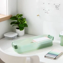 Click In Place 3qt Shallow Slim Plastic Storage Bin For Home And Office Organization Green Tint - Brightroom™