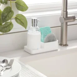 Plastic Soap Pump With Silicone Holder With Caddy & Tray White - Brightroomâ„¢: Kitchen Soap Caddy Dispenser
