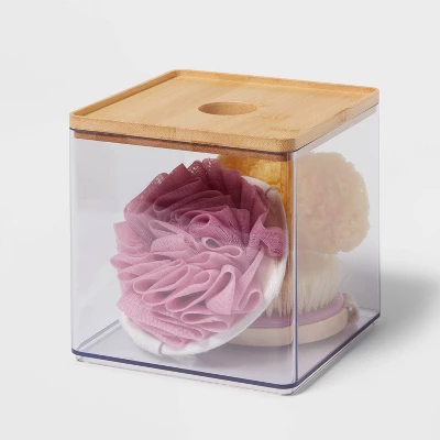 Clear Canister Large With Bamboo Lid - Brightroom™: Bathroom Container With Lid, Qtip Holder, 6"x6"x6" Plastic 4 Clear Canister Large With Bamboo Lid - Brightroom™: Bathroom Container With Lid, Qtip Holder, 6"x6"x6" Plastic - Image 2